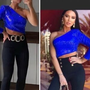 New Zara Blue Sequin One Shoulder Asymmetric Crop Top Medium 4387/310